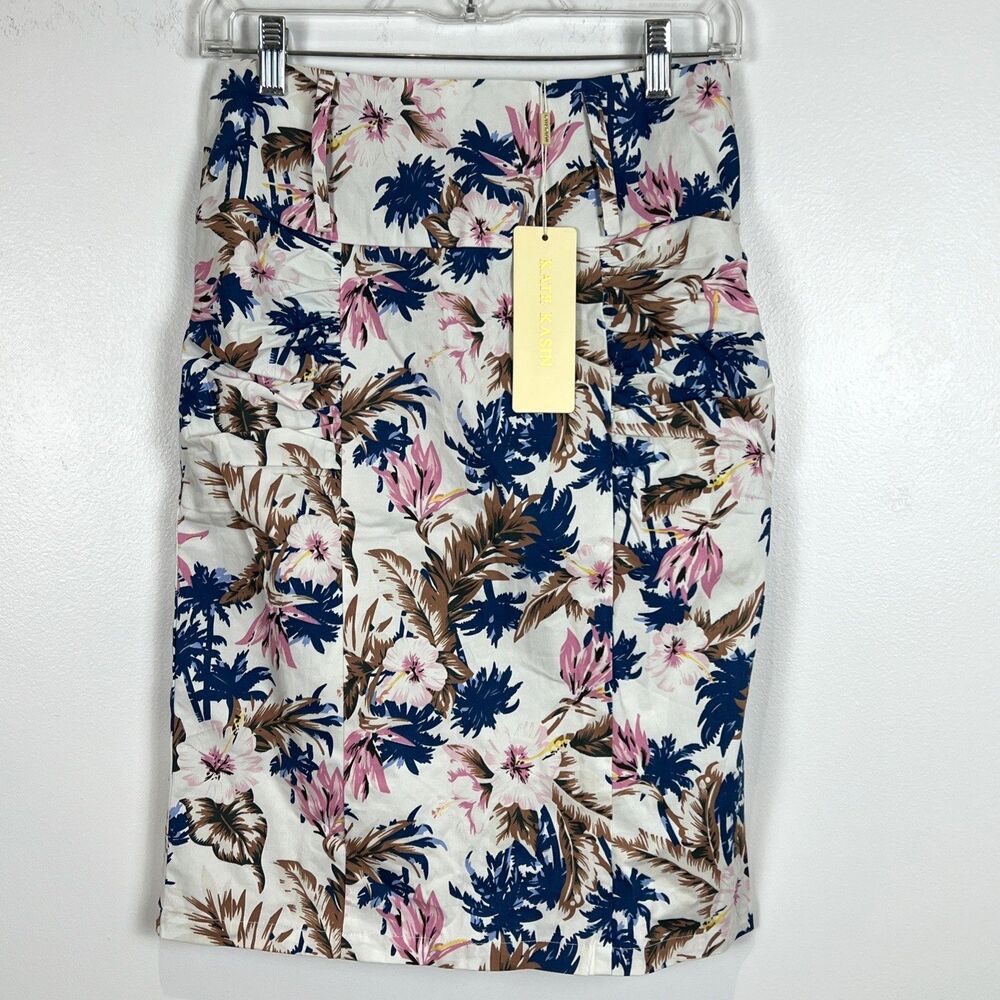 Kate Kasin Women’s Pencil Skirt Floral Coastal Tropical Floral Ruched Sz M NWT